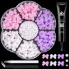 Picture of 120 Pcs 3D Nail Bow Charms + 2-4mm Nail Pearls Set 7, Pink White Lilac Bow Nail Charms and White Flatback Pearls with Nail Charm Glue Gel(UV Needed) and Pickup Tools for Nail Art Decoration