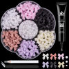 Picture of 120 Pcs 3D Nail Bow Charms + 2-4mm Nail Pearls Set 1, 6 Colors Cute Bow Charms and White Flatback Pearls with Nail Charm Glue Gel(UV Needed) and Pickup Tools for Nail Art Decoration