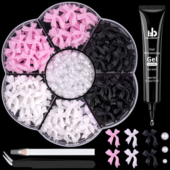 Picture of 120 Pcs 3D Nail Bow Charms + 2-4mm Nail Pearls Set 10, Pink White Black Bow Nail Charms and White Flatback Pearls with Nail Charm Glue Gel(UV Needed) and Pickup Tools for Nail Art Decoration