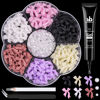 Picture of 120 Pcs 3D Nail Bow Charms + 2-4mm Nail Pearls Set 6, 6 Colors Cute Bow Charms and White Flatback Pearls with Nail Charm Glue Gel(UV Needed) and Pickup Tools for Nail Art Decoration