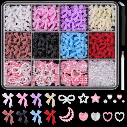 Picture of 500 Pcs 3D Nail Charms and Flatback Pearls Set 6, 8 Colors Nail Bows Charm + Pink&White Star Heart Moon Cute Nail Jewels + 2-4mm White Nail Pearls for Nail Art DIY Decoration with Pickup Tools