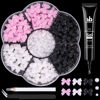 Picture of 120 Pcs 3D Nail Bow Charms + 2-4mm Nail Pearls Set 8, Pink White Black Bow Nail Charms and White Flatback Pearls with Nail Charm Glue Gel(UV Needed) and Pickup Tools for Nail Art Decoration