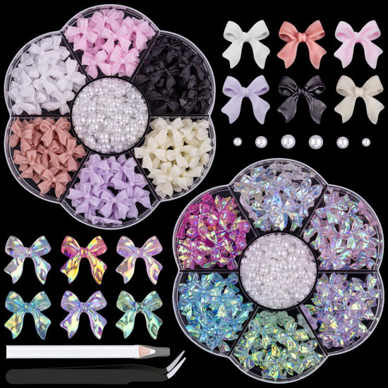 Picture of 2 Boxes 3D Bow Nail Charms and Flatback Pearls Set, 240 Pcs Shiny Cute Bow Charms in 12 Colors for Nail Design + 2-4mm White Nail Pearls with Pickup Tweezer and Pencil for Nail Art Decoration