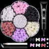 Picture of 120 Pcs 3D Nail Bow Charms + 2-4mm Nail Pearls Set 5, 6 Colors Cute Bow Charms and White Flatback Pearls with Nail Charm Glue Gel(UV Needed) and Pickup Tools for Nail Art Decoration