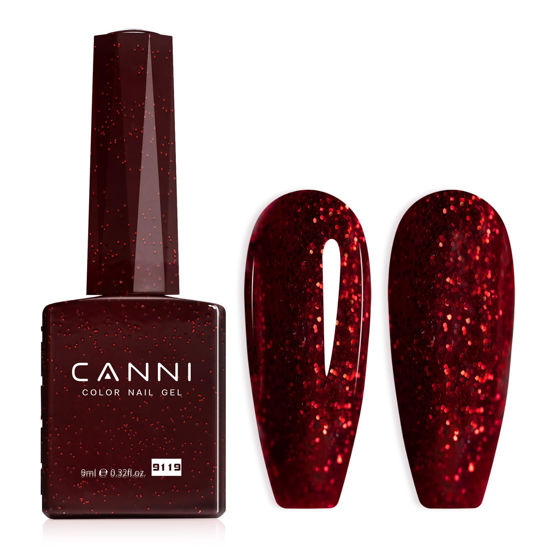 Picture of CANNI Glitter Red Gel Nail Polish, 1Pcs Dark Burgundy Red Gel Polish Sparkle Bright Red Color Nail Polish Gel High Gloss Soak Off U V Gel Nail French Nail Manicure Salon DIY