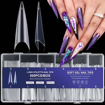 Picture of Ranrose Stiletto Nail Tips 500PCS Stiletto Half Cover Nail Tips Long Clear Nail Tips Artificial Acrylic Fakes Nails Stiletto Pointed Press On Nails Tips with Box for Nail Salon Nail Home DIY Nail