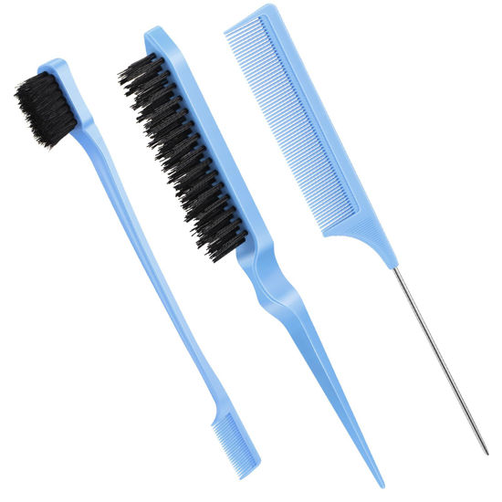 Picture of Geiserailie 3 Pcs Slick Back Hair Brush Set Bristle Hair Brush Edge Control Brush Teasing Comb for Women Baby Kids' Black Hair(Blue)