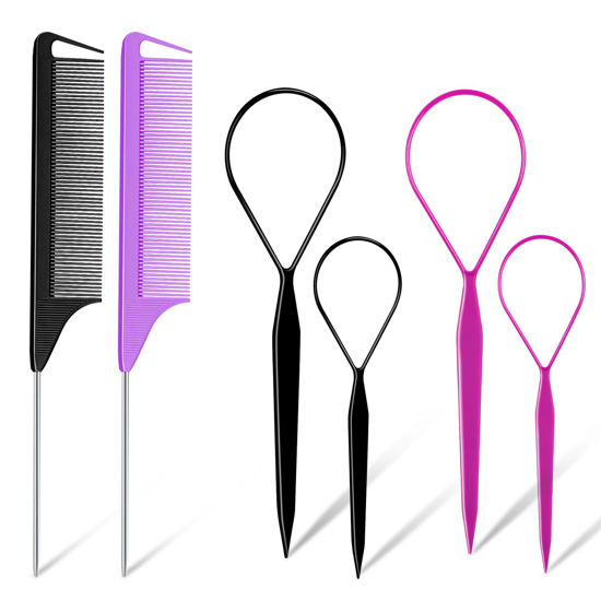 Picture of TsMADDTs Hair Loop Tool Set - 6 Pack with 2 French Braid Loops, 2 Rat Tail Combs in Black & Purple for Hair Styling