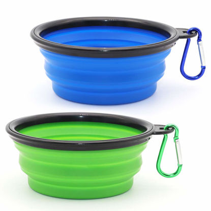 Picture of Dog Bowl Pet Collapsible Bowls, 2 Pack for Cats Dogs, Portable Pet Feeding Watering Dish for Walking Parking Traveling with 2 Carabiners (Small, Blue+Green)