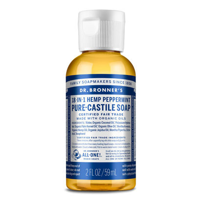 Picture of Dr. Bronner's - Pure-Castile Liquid Soap (Peppermint, Travel Size, 2 ounce) - Made with Organic Oils, 18-in-1 Uses: Face, Body, Hair, Laundry, Pets and Dishes, Concentrated, Vegan, Non-GMO