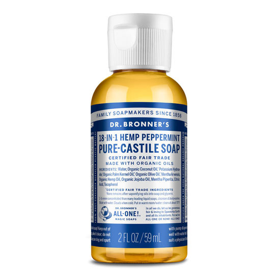 Picture of Dr. Bronner's - Pure-Castile Liquid Soap (Peppermint, Travel Size, 2 ounce) - Made with Organic Oils, 18-in-1 Uses: Face, Body, Hair, Laundry, Pets and Dishes, Concentrated, Vegan, Non-GMO