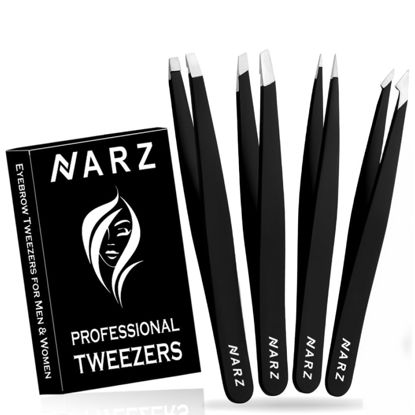 Picture of NARZ 4Pcs Professional Tweezers for Women Facial Hair Stainless Steel Precision Tweezers for Ingrown Hair Eyebrow Tweezer for Men & Women (Black Set)