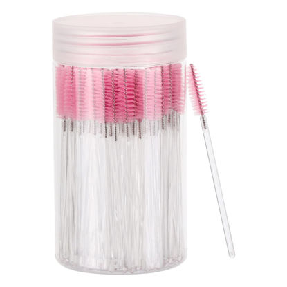 Picture of 100 Pcs Disposable Mascara Wands, Crystal Eyebrow Spoolies Brush for Eyelash Extensions, Makeup Applicators Kits Eyelash Brush with Container (Pink)