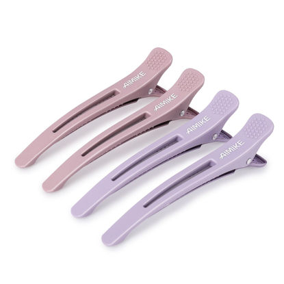 Picture of AIMIKE 4pcs Hair Clips for Styling Sectioning, No Crease Duck Billed Hair Clips with Silicone Band, Hair Styling Clips, Hair Roller Clips, Salon Hair Sectioning Clips, Hair Cutting Clips, Morandi