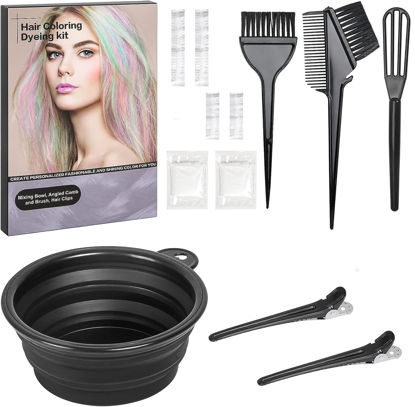 Picture of ROOHUA Hair Coloring Kit 12 Pcs Hair Dye Kit - Hair Dye Brush And Bowl Set,Hair Agitator, Hair Clips and Disposable Gloves Shower Caps and Ear Muffs Diy Hair Coloring Tools