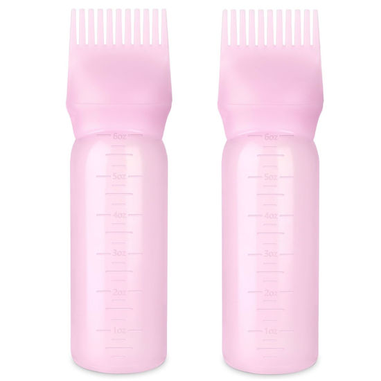 Picture of Bunrod Root Comb Bottle Applicator 6 Ounce, 2 Pack Oil Applicator for Hair Dye Hairstyling Hair Oiling Applicator with Graduated Scale (Pink)