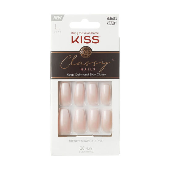 Picture of KISS Classy Press On Nails, Nail glue included, 'Be-you-tiful', Beige, Long Size, Coffin Shape, Includes 28 Nails, 2g Glue, 1 Manicure Stick, 1 Mini File