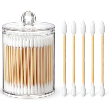 Picture of 700 Count Cotton Swabs with 1 Clear Dispenser Holder- Round & Pointed Tip & Thick Cotton & Sturdy Bamboo Stick - Eco-Friendly, Biodegradable Original Natural Cotton Buds for Ears, Hygiene, Beauty Care