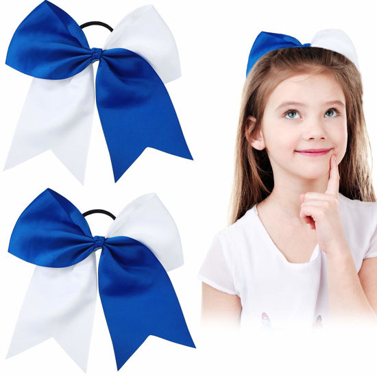 Picture of 2 Packs Jumbo Cheerleading Bow 8 Inch Cheer Hair Bows Large Cheerleading Hair Bows with Ponytail Holder for Teen Girls Softball Cheerleader Outfit Uniform (Blue and White)