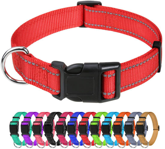 Picture of TagME Reflective Nylon Dog Collars, Adjustable Classic Dog Collar with Quick Release Buckle for Medium Dogs, Red, 1.0" Width