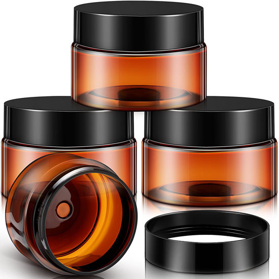 Picture of Patelai 4 Pieces Round Clear Wide-mouth Leak Proof Plastic Container Jars with Lids for Travel Storage Makeup Beauty Products Face Creams Oils Salves Ointments DIY Making or Others (Amber,1 Ounce)