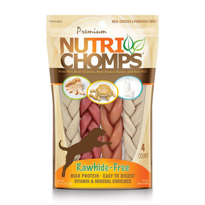 Picture of NutriChomps Dog Chews, 6-inch Braids, Easy to Digest, Rawhide-Free Dog Treats, Healthy, Real Chicken, Peanut Butter and Milk flavors, Pack of 4