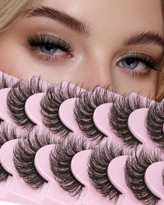 Picture of D Curl Lashes Fluffy Faux Mink Eyelashes Natural Look 16mm Wispy False Eyelashes Extensions Strip Lashes Pack 7 Pairs