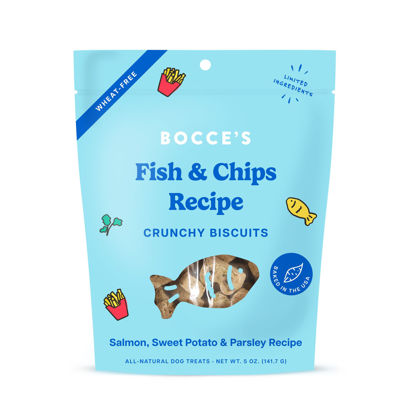 Picture of Bocce's Bakery Fish & Chips Treats for Dogs - Special Edition Wheat-Free Dog Treats, Made with Real Ingredients, Baked in The USA, All-Natural Salmon & Sweet Potato Biscuits, 5 oz