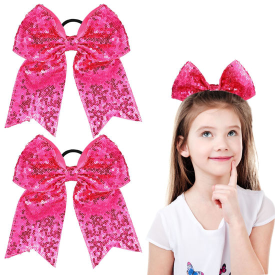 Picture of 2 Packs Jumbo Cheerleading Bow 8 Inch Cheer Hair Bows Large Cheerleading Hair Bows with Ponytail Holder for Teen Girls Softball Cheerleader Outfit Uniform (Sequin Rose Red)