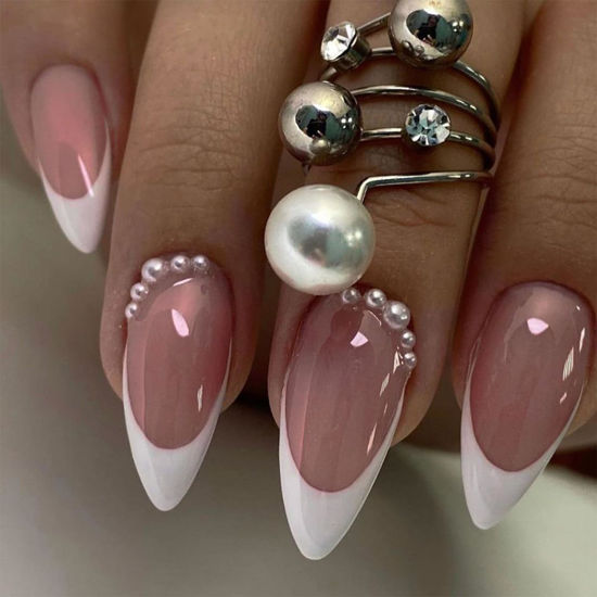 Picture of White French Tip Press on Nails Medium Almond Fake Nails Pink False Nails Press ons with Design Pearl Acrylic Glue on Nails Glossy Full Cover Artificial Stick on Nails for Women Manicure 24Pcs