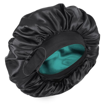 Picture of Silk Bonnet for Sleeping Double Layer Satin Bonnet Adjustable Bonnets for Black Women Sleep Cap Reversible Hair Bonnet for Curly Hair (Black and Teal)