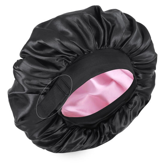 Picture of Silk Bonnet for Sleeping Double Layer Satin Bonnet Adjustable Bonnets for Black Women Sleep Cap Reversible Hair Bonnet for Curly Hair (Black and Pink)