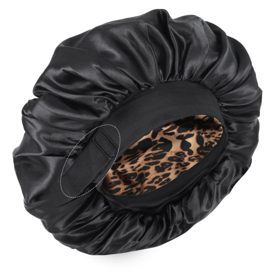 Picture of Silk Bonnet for Sleeping Double Layer Satin Bonnet Adjustable Bonnets for Black Women Sleep Cap Reversible Hair Bonnet for Curly Hair (Black and Leopard)