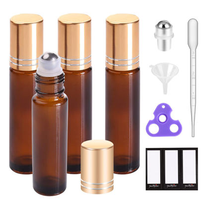 Picture of PrettyCare Essential oil Roller Bottles for Oils 10ml Glass Amber Perfume Bottles Empty with Extra Roller Balls, Opener, Funnel, Pipette, Labels, 4pack Roll on Bottles