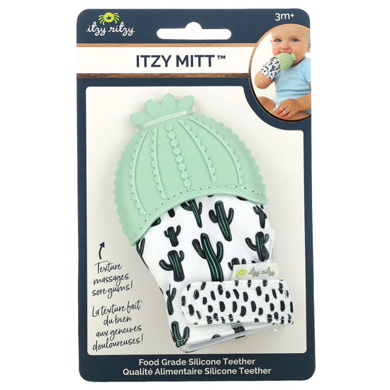 Picture of Itzy Ritzy Silicone Teething Mitt - Soothing Infant Teething Mitten with Adjustable Strap, Crinkle Sound & Textured Silicone to Soothe Sore & Swollen Gums - Baby Teething Toy For 3 Mos & Up, Cactus