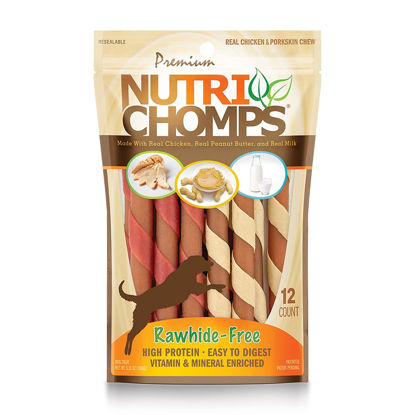 Picture of NutriChomps Dog Chews, 5-inch Twists, Easy to Digest, Rawhide-Free Dog Treats, 12 Count, Real Chicken, Peanut Butter and Milk flavors