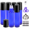 Picture of PrettyCare Roller Bottles For Oils 10 ml (Blue Glass, 6 Pack, 1 Extra Stainless Steel Balls, 12 Labels, 1 Opener, 1 Funnels Essential Oil Roller Bottles, Roller on Bottles