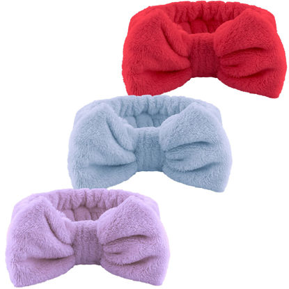 Picture of WSYUB Hairband, 3pcs Face Headband with Bow Tie, Soft Microfiber Skincare Band for Washing Face, Shower Headband Spa Headband for Women Girls(Blue, Red, Purple)