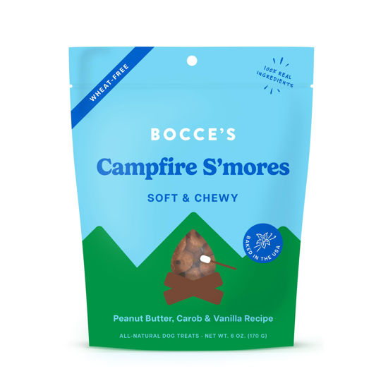 Picture of Bocce's Bakery Campfire S'Mores Treats for Dogs, Wheat-Free Everyday Dog Treats, Made with Real Ingredients, Baked in The USA, All-Natural Soft & Chewy Cookies, Peanut Butter, Carob, & Vanilla, 6 oz