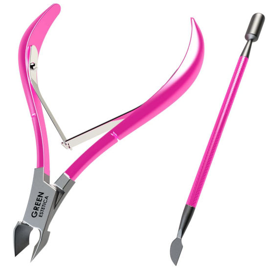 Picture of Cuticle Trimmer with Cuticle Pusher Professional Stainless Steel Cuticle Cutter Sharp Blades Double Spring Cuticle Nippers for Nail Care Pedicure Manicure Nail Tools for Home Spa (Pink)