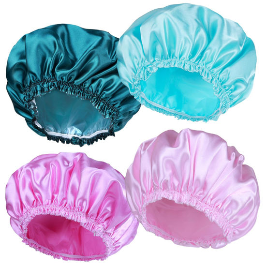 Picture of Shower Caps for Women, 4 PCS Elastic and Reusable Bath Caps, Double Waterproof Layers Shower Cap, Bathing Shower Caps, Environmental Protection Hair Bath Hat - Solid Color