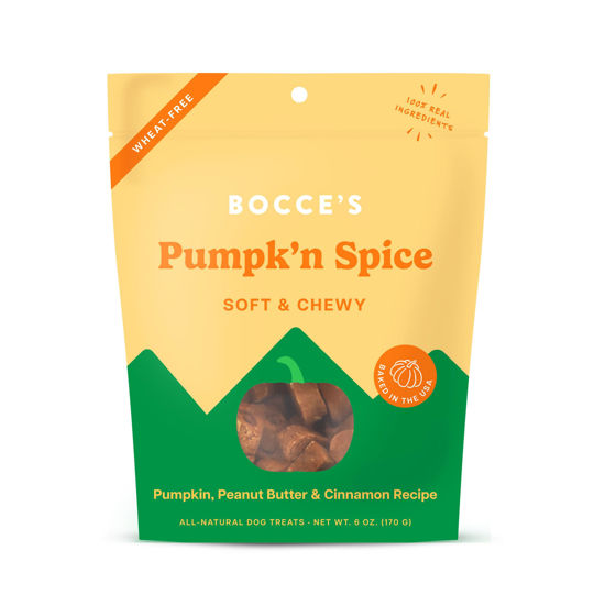 Picture of Bocce’s Bakery Pumpk'n Spice Treats for Dogs, Wheat-Free Everyday Dog Treats, Made with Real Ingredients, Baked in The USA, All-Natural Soft & Chewy Cookies, Pumpkin, Peanut Butter, & Cinnamon, 6 oz