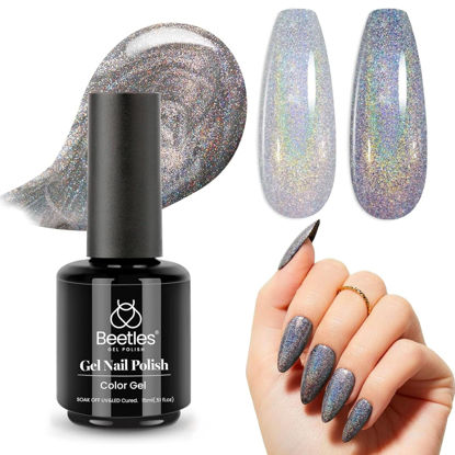 Picture of beetles Holographic Gel Polish, 1Pcs 15ml Reflective Silver Iridescent Gel Nail Polish Charme Glitter Gel Polish Flash Glitter Nail Gel Soak Off UV LED Lamp Holiday Gel Polish