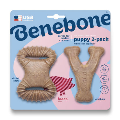 Picture of Benebone Puppy 2-Pack Dental Chew/Wishbone Dog Chew Toys, Made in USA, Real Bacon Flavor