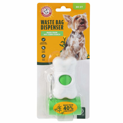 Picture of Arm & Hammer Dog Bone Shape Dog Poop Bag Dispenser With 30 Count Plant-Based Dog Poop Bags With Activated Baking Soda, 9 x 14 Inches, White