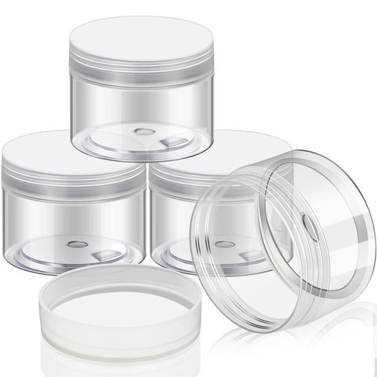 Picture of 4 Pieces Round Clear Wide-mouth Leak Proof Plastic Container Jars with Lids for Travel Storage Makeup Beauty Products Face Creams Oils Salves Ointments DIY Making or Others (Clear, 4 Ounce)