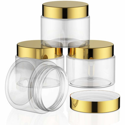 Picture of 4 Pieces Round Clear Wide-mouth Leak Proof Plastic Container Jars with Lids for Travel Storage Makeup Beauty Products Face Creams Oils Salves Ointments DIY Making or Others (Gold, 2 Ounce)