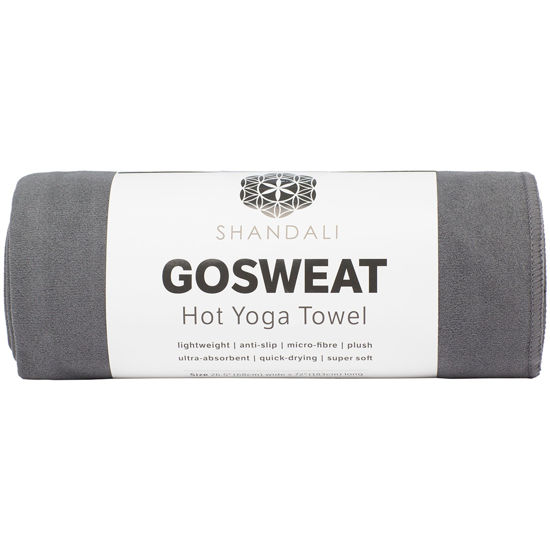 Picture of Shandali Hot Yoga GoSweat Microfiber Hand Towel in Super Absorbent Premium Gray Suede for Bikram, Pilates, Gym, and Outdoor Sports. 16 x 26.5 inches.