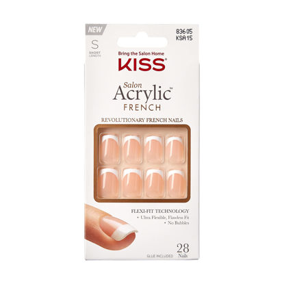 Picture of KISS Salon Acrylic Press On Nails, Nail glue included, 'Bonjour', Nude/White, Short Size, Squoval Shape, Includes 28 Nails, 2g Glue, 1 Manicure Stick, 1 Mini File