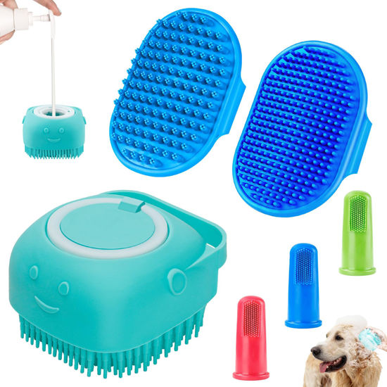 Picture of Comotech 3PCS Dog Bath Brush | Dog Shampoo Brush | Dog Scrubber for Bath | Dog Bath Brush Scrubber | Dog Shower/Washing Brush with Adjustable Ring Handle for Short & Long Hair (Blue Blue Blue)